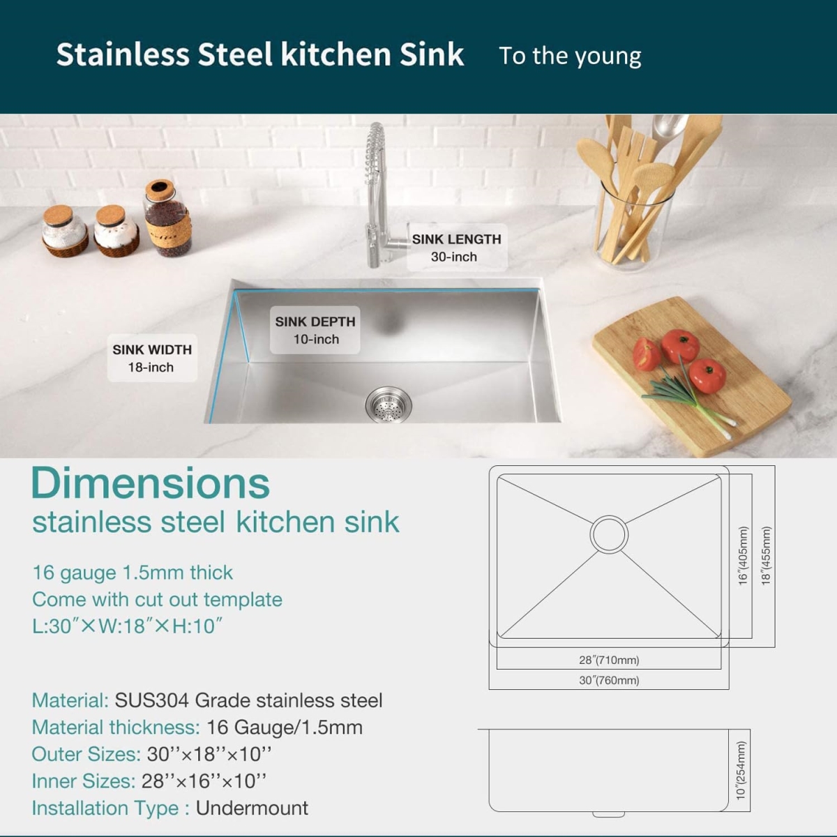 Picture of WELLFE MSJ3018R10055 RV Kitchen Sink, 30-in Undermount Single Bowl Kitchen Sink, 10-in Deep Basin, Premium 304 Stainless Steel Bar or Prep Sink