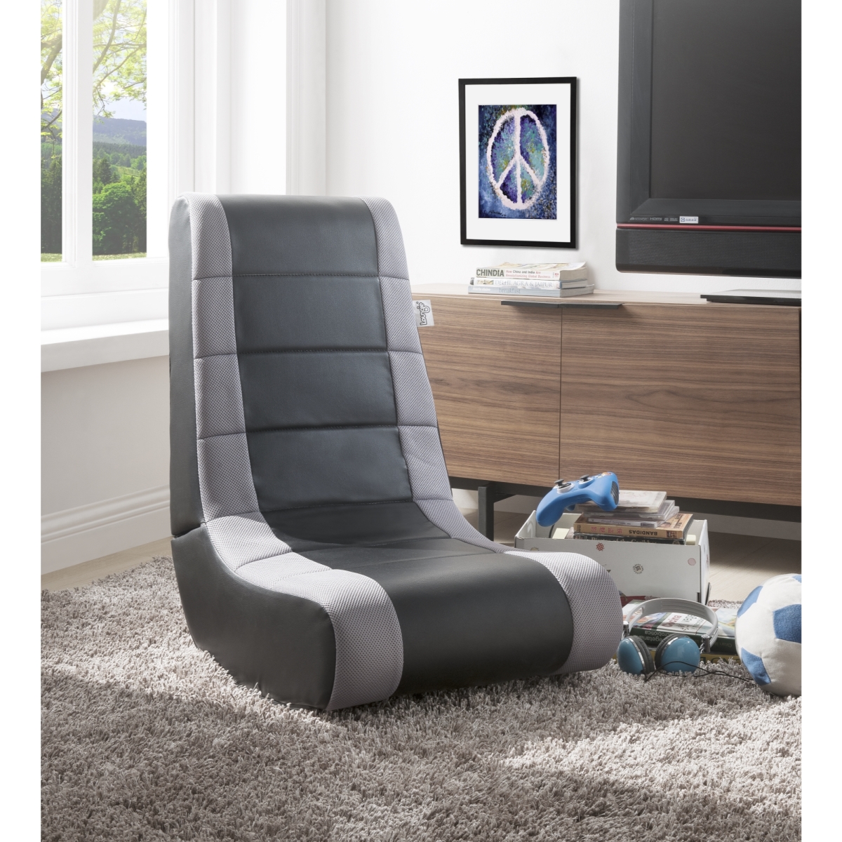 Rockme Video Gaming Rocker Chair For Kids Teens Adults & Boys Or Girls - Black With Silver