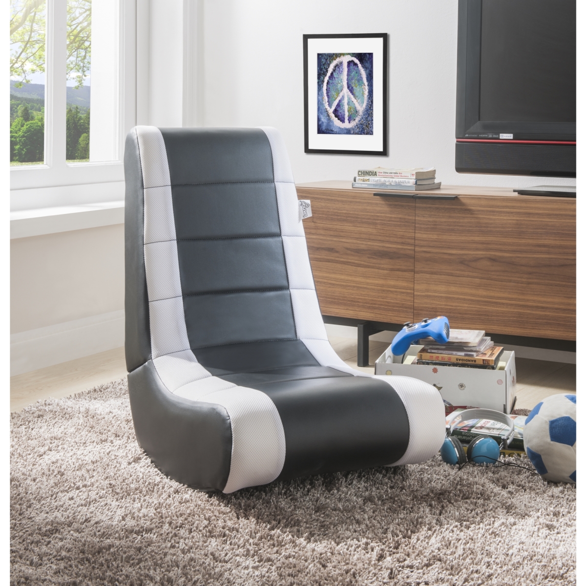 Rockme Video Gaming Rocker Chair For Kids Teens Adults & Boys Or Girls - Black With White