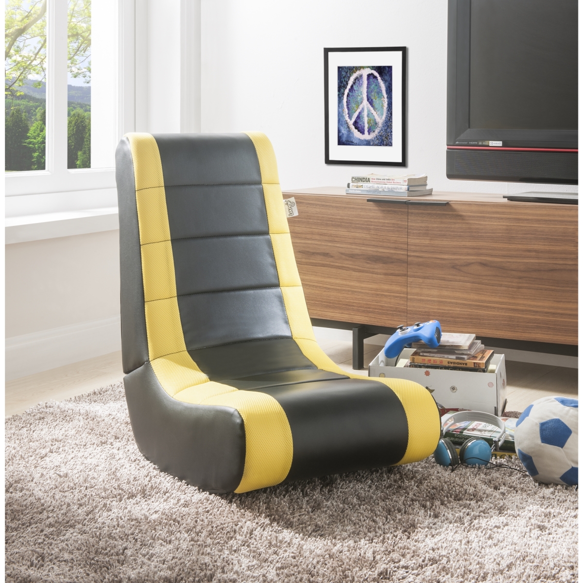 Rockme Video Gaming Rocker Chair For Kids Teens Adults & Boys Or Girls - Black With Yellow