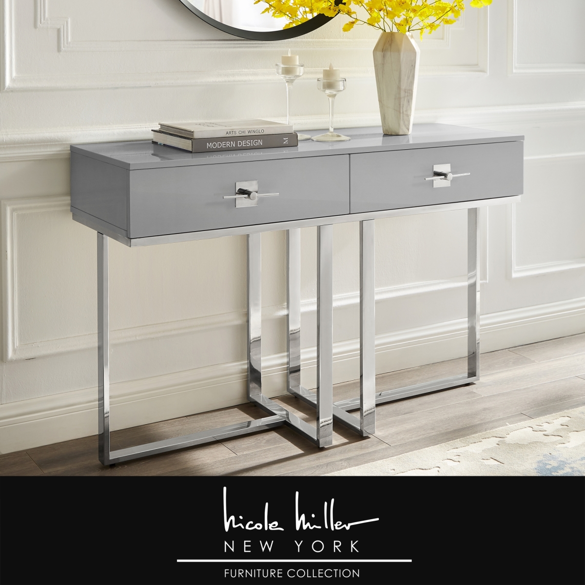 Nce197-09lg-ue 42.7 X 15.4 X 29.7 In. Mano Console Table, Light Grey & Chrome