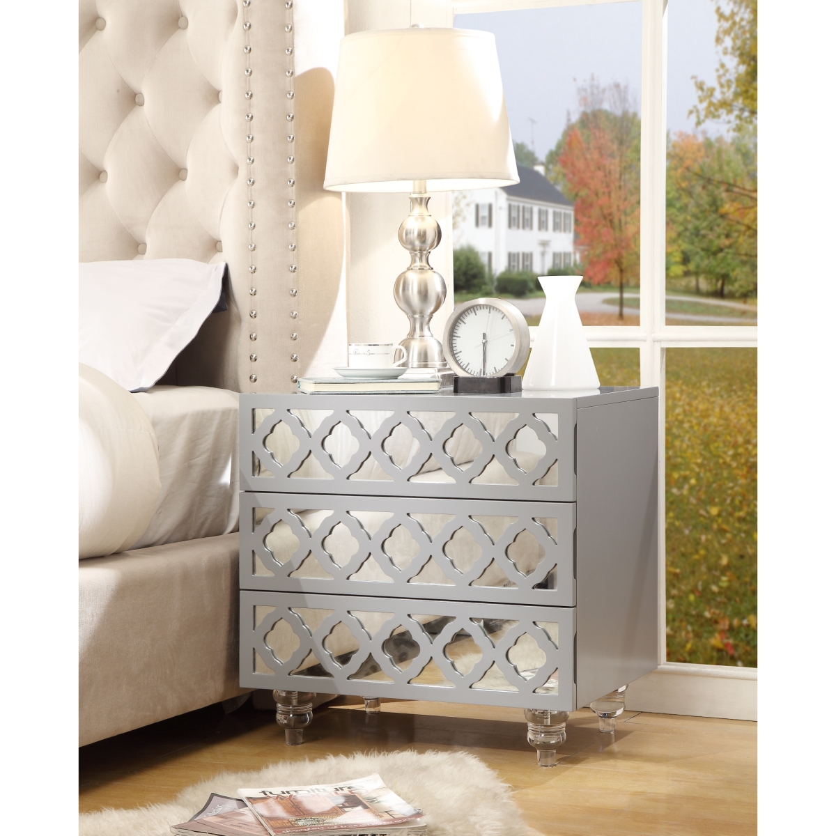 Serenity Mdf Wood Modern Lacquer Lucite Leg Side Table Accent Table & Nightstand - Light Grey