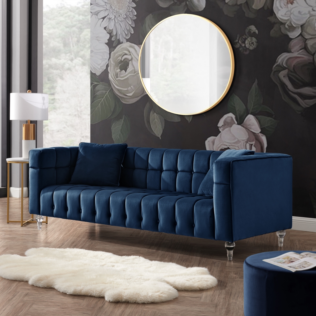 Sa66-02ny-ue Adalyn Sofa With Biscuit Tufted Lucite Leg, Navy Blue Velvet