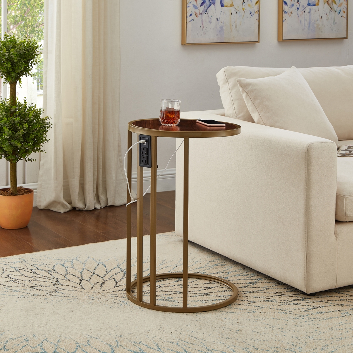 Let212-09wt-ue 15.75 X 15.75 X 25 In. Annabel End Table - 2 Usb Charging Ports 2 Outlets Power Plug, Walnut & Gold