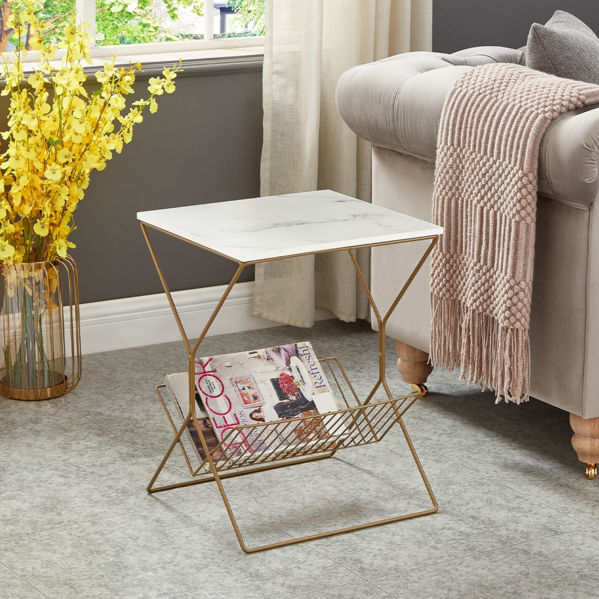 Let213-09we-ue 17 X 15 X 22 In. Quinton End Table - Faux Marble, White & Gold