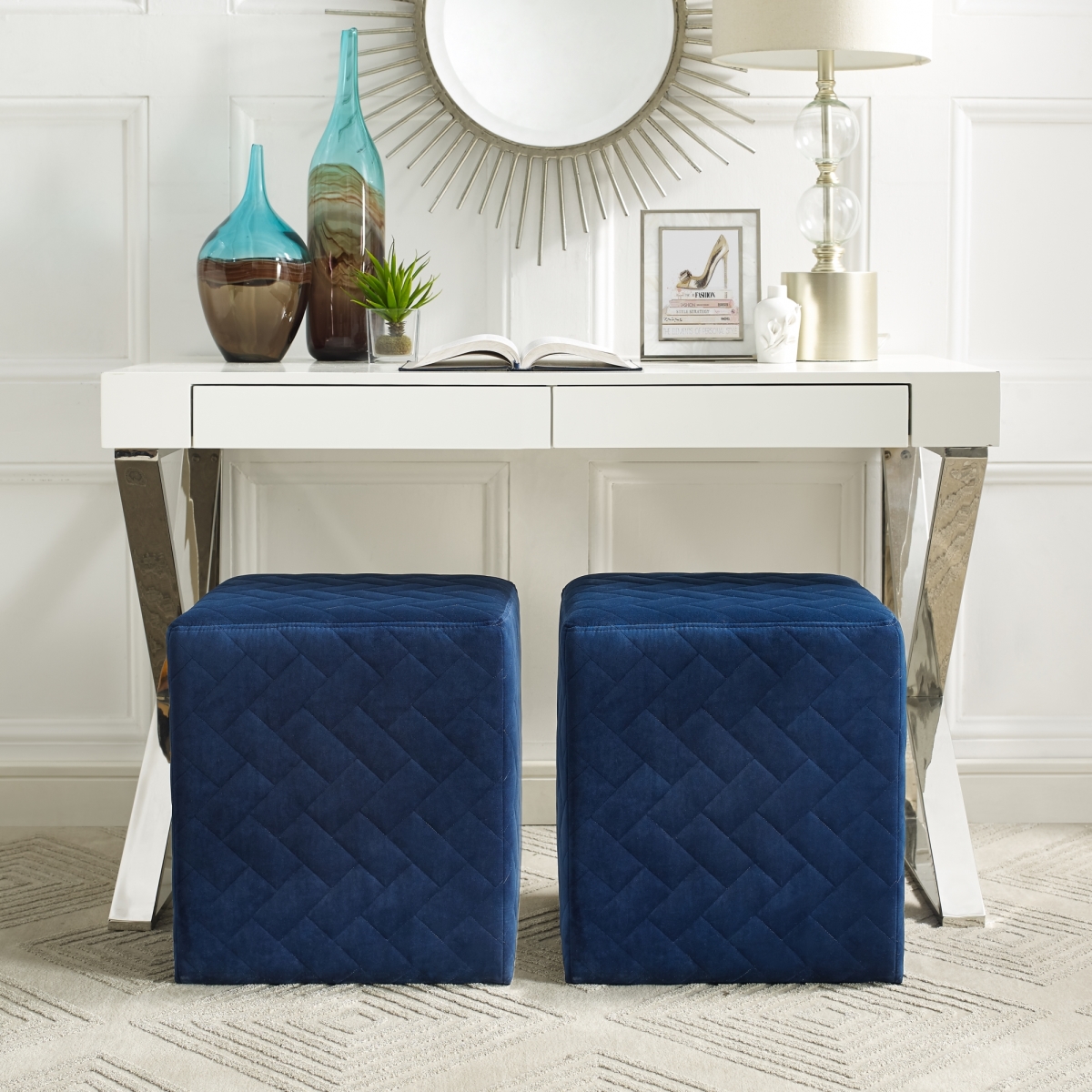 Micah Velvet Brick Quilted Cube Ottoman - Navy