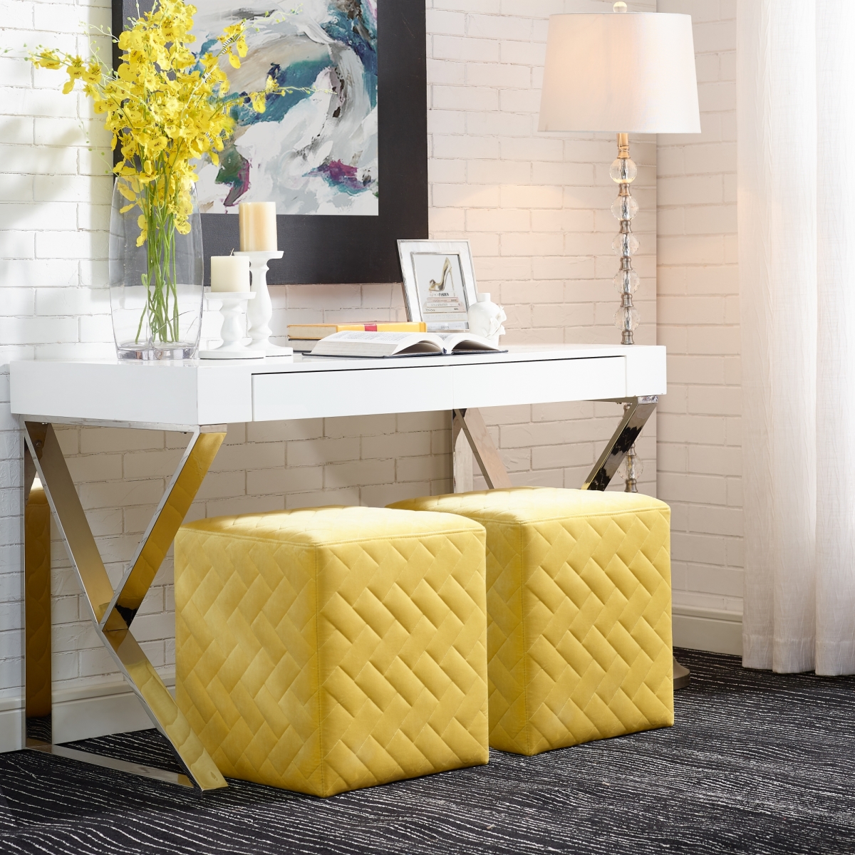 Micah Velvet Brick Quilted Cube Ottoman - Yellow