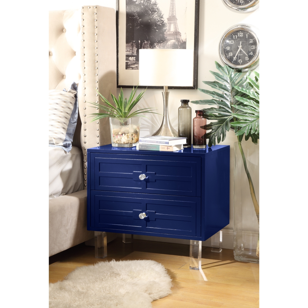 Peyton Mdf Wood Modern Lacquer Lucite Leg Side Table Accent Table & Nightstand - Navy