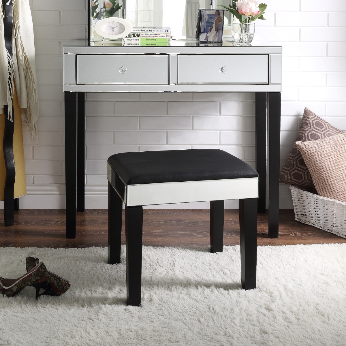 Caleb Modern Contemporary Mirrored 2-drawer Vanity Table With Stool Set - Black