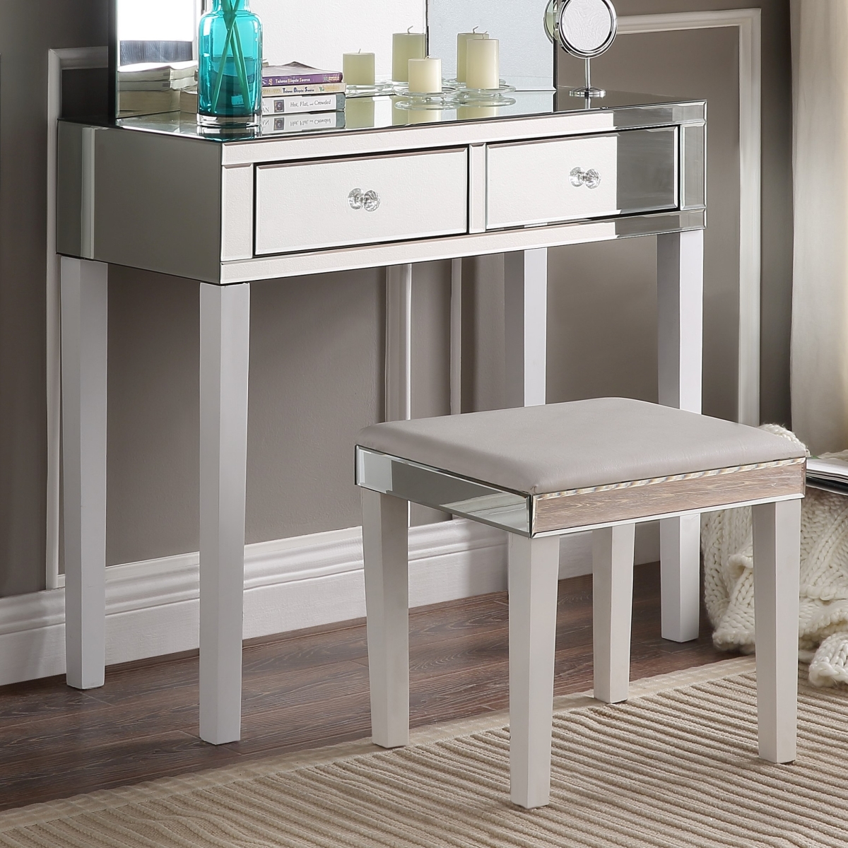 Caleb Modern Contemporary Mirrored 2-drawer Vanity Table With Stool Set - White