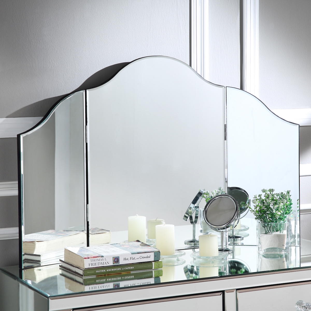 Mathew Frameless Modern Contemporary Tri-fold Tabletop Vanity Mirror