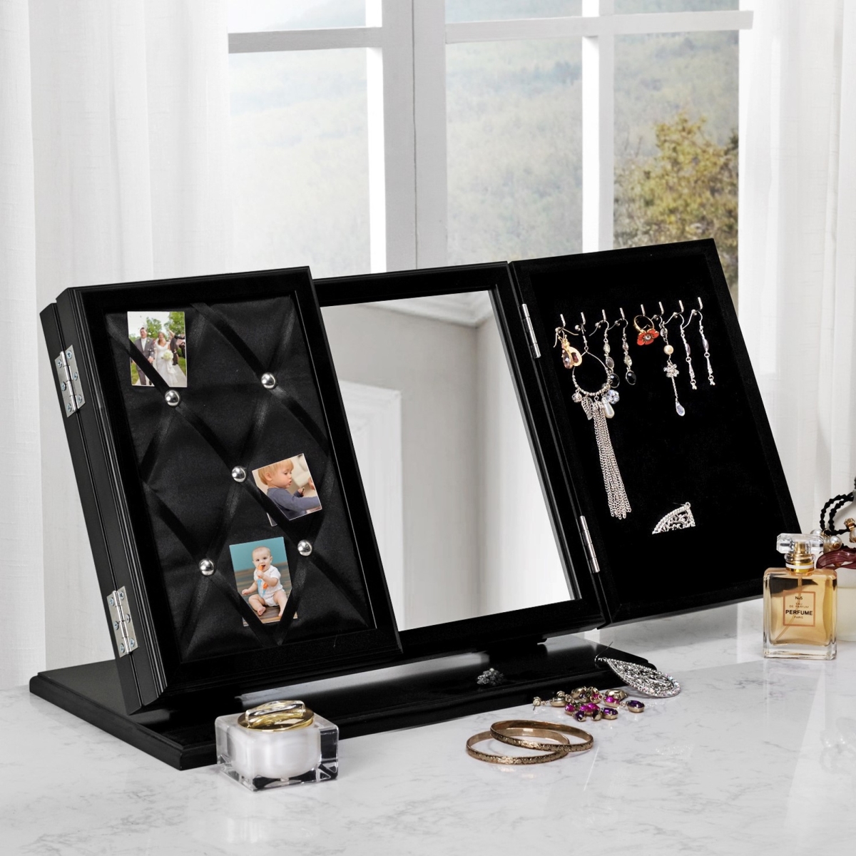 Dylan Modern Contemporary 3-in-1 Trifold Tabletop Vanity Mirror With Jewelry Storage & Memo Board - Black