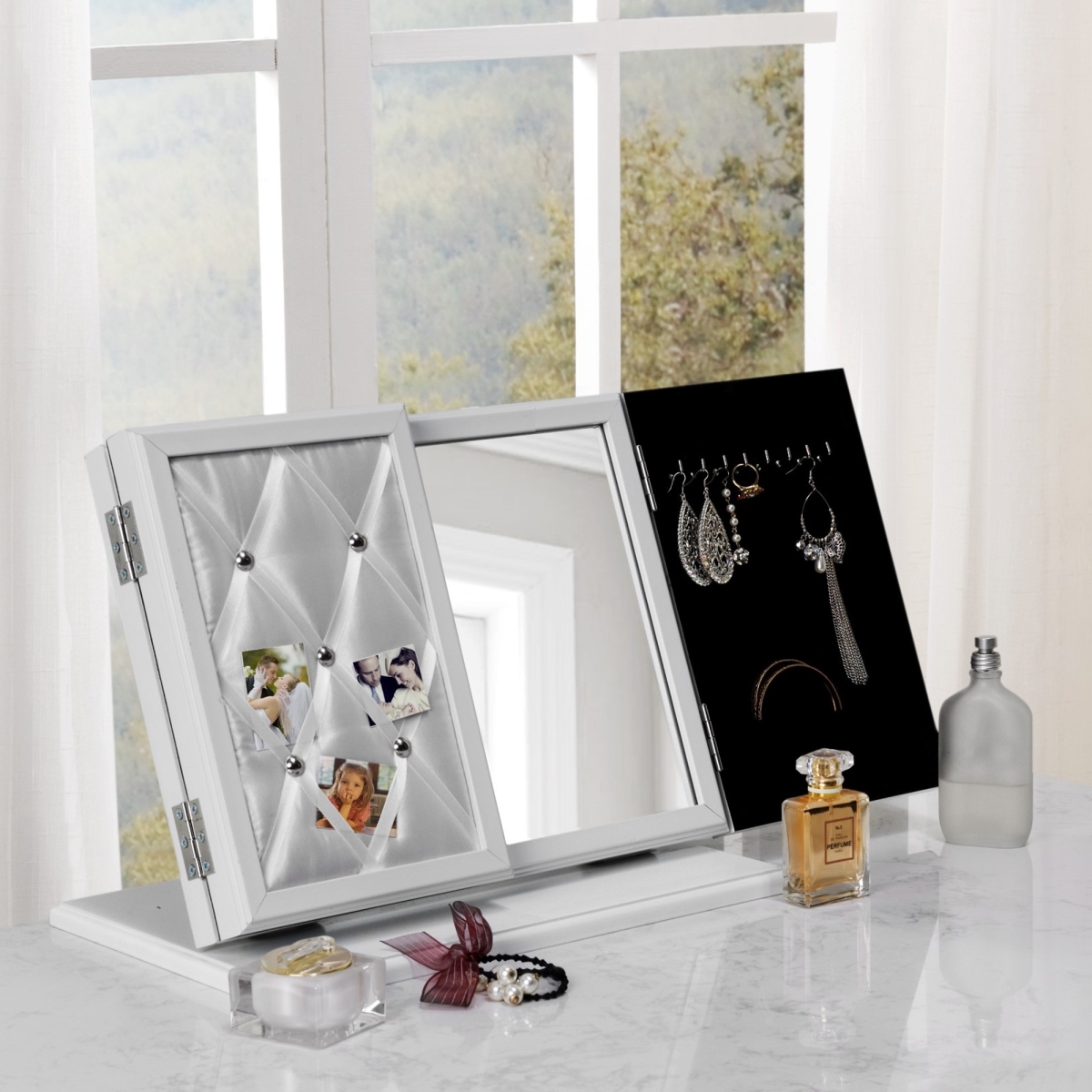 Dylan Modern Contemporary 3-in-1 Trifold Tabletop Vanity Mirror With Jewelry Storage & Memo Board - White