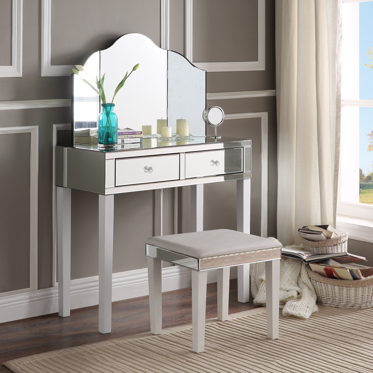 Caleb Modern Contemporary 3 Piece Vanity Set With Trifold Mirror - White