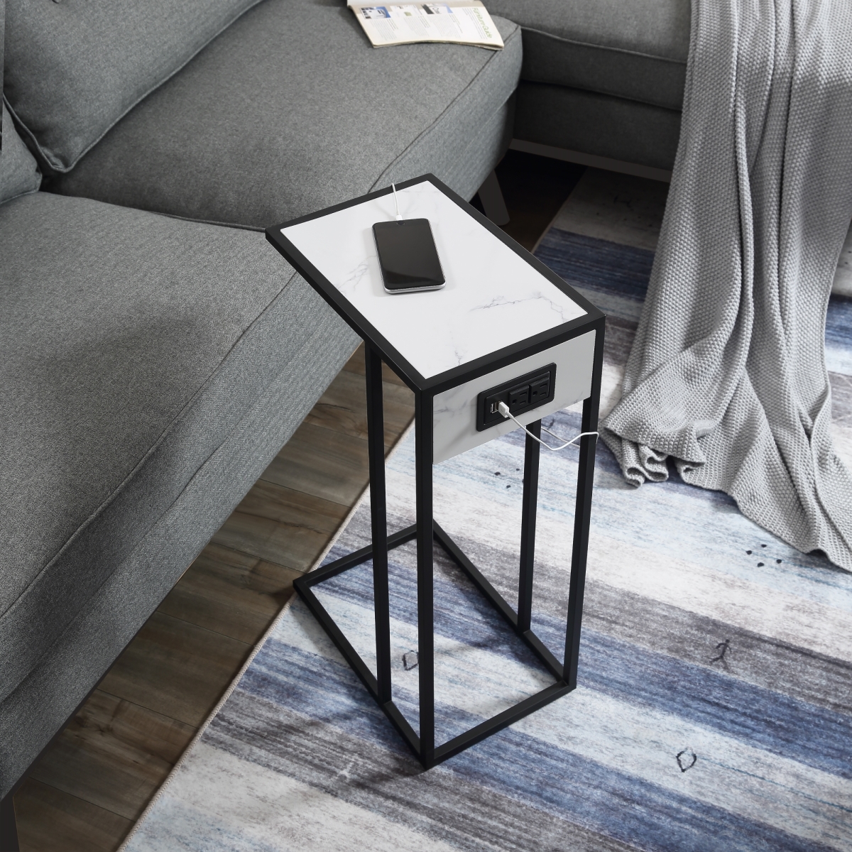 Let100-09we-ue Posh Living Cain C Table, End Table, Side Table & Laptop Stand, White & Black - 10.25 X 15.75 X 25.5 In.