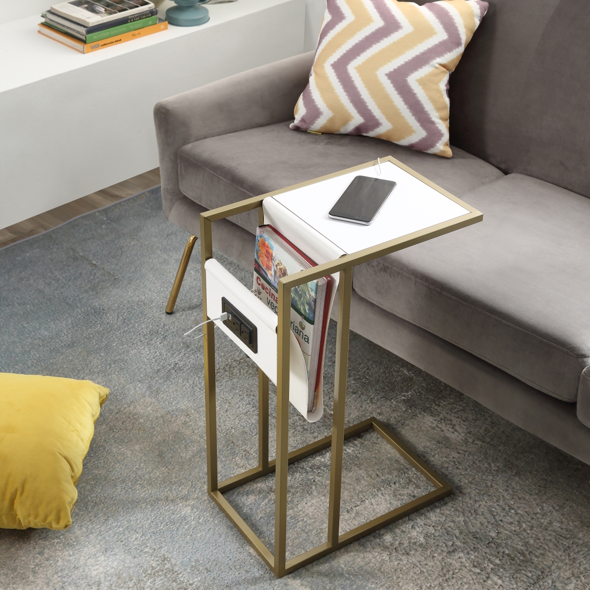Let158-09wg-ue Posh Living Axl C Table, End Table, Side Table & Laptop Stand, White & Gold - 10.25 X 15.75 X 25.5 In.