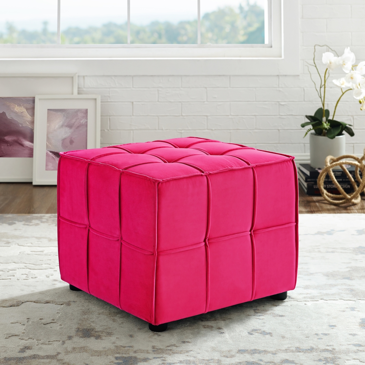 Lon114-02pk-ue Posh Living Gannon Velvet Cube Ottoman, Pink - 31 X 31 X 18 In.