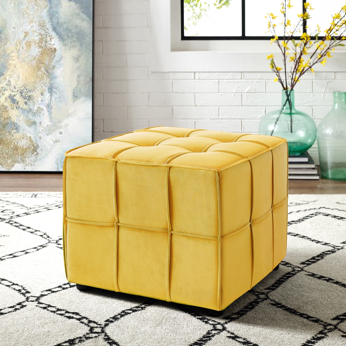 Lon114-02yl-ue Posh Living Gannon Velvet Cube Ottoman, Yellow - 31 X 31 X 18 In.