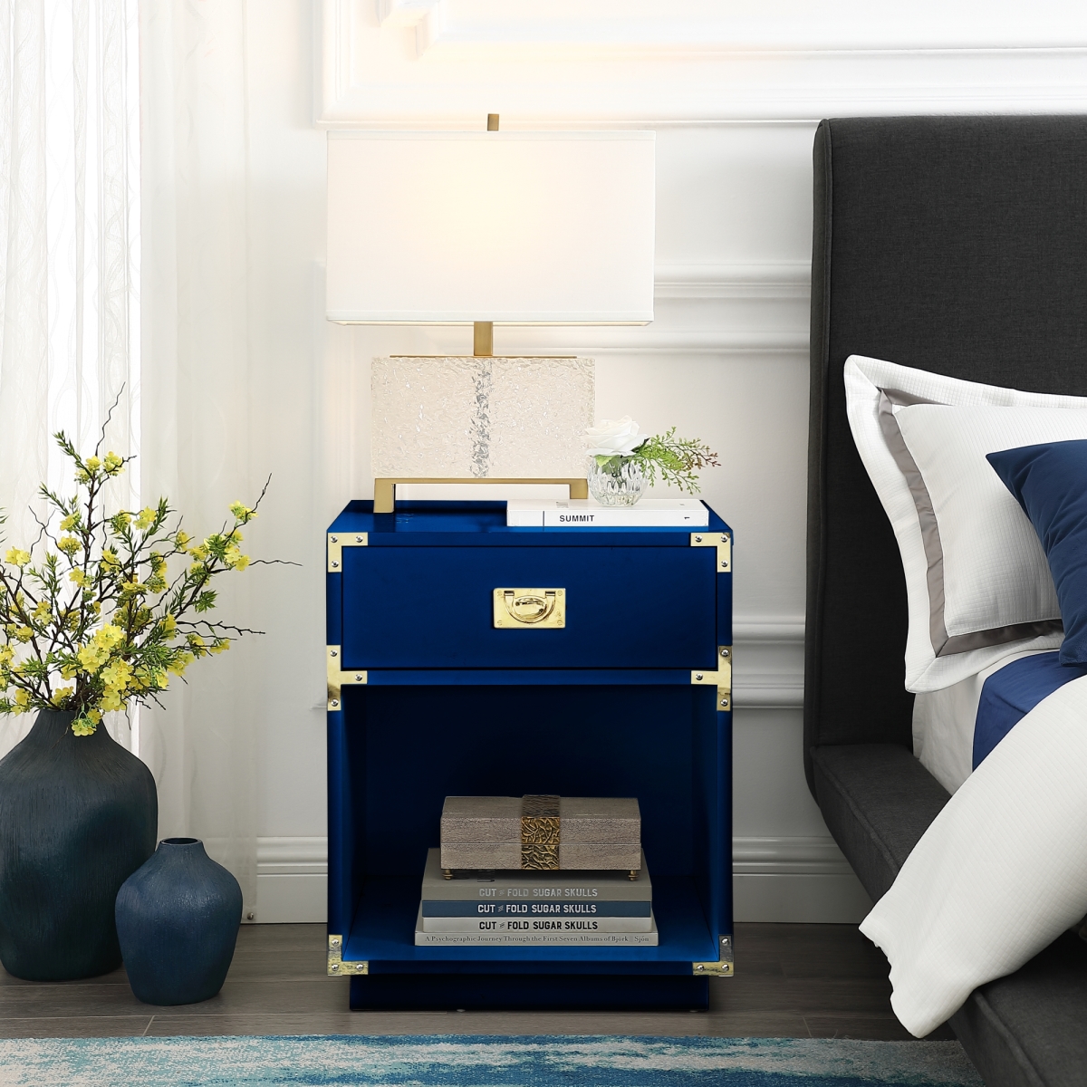 St154-09ng-ue Posh Living Angela Side Table, Accent Table & Nightstand, Dark Navy - 20 X 18 X 24 In.