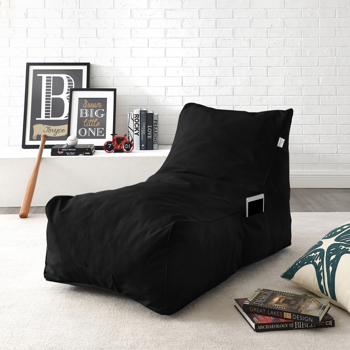 Nylon Bean Bag Chair, Foam Sofa, Lounge Chair, Sleeper Couch, Memory Foam Sofa & Floor Chair, Black - 41.7 X 27.2 X 26.3 In.
