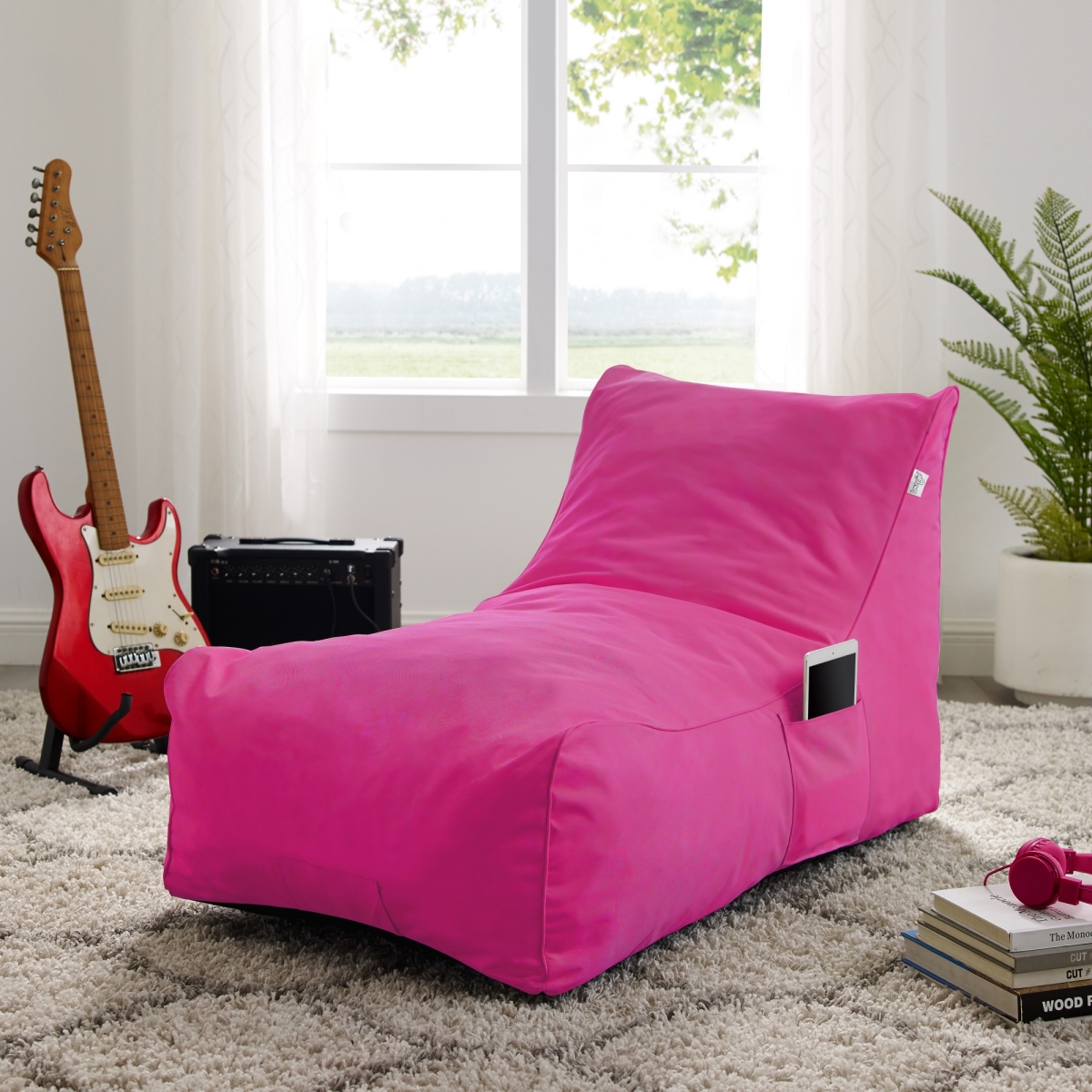 Nylon Bean Bag Chair, Foam Sofa, Lounge Chair, Sleeper Couch, Memory Foam Sofa & Floor Chair, Fuchsia - 41.7 X 27.2 X 26.3 In.
