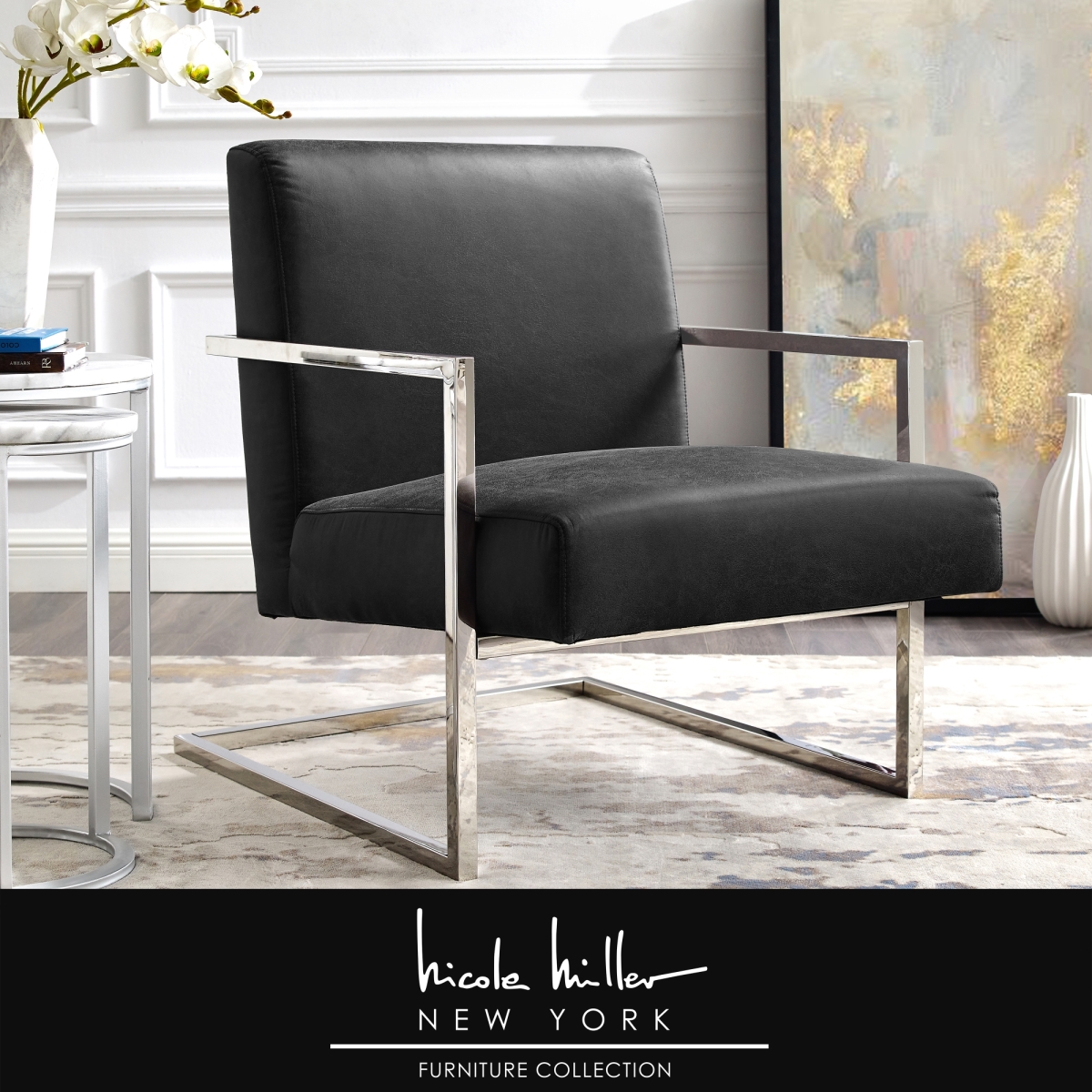 Nac104-01cl-ue Posh Living Xzavier Leather Pu Accent Chair, Charcoal & Chrome - 36 X 27 X 32 In.