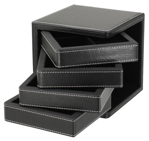 Hjb-04 Bk Four Swiveled-drawers Faux Leather Jewelry Box, Black