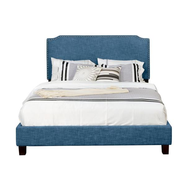 55011-83bl Upholstered Panel Bed With Nailhead, Blue - Queen Size