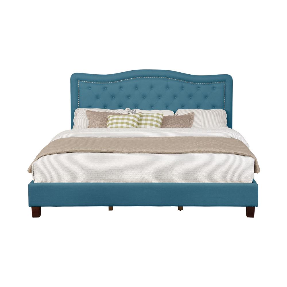 55013-83bl Upholstered Panel Bed With Nailhead, Blue - Queen Size