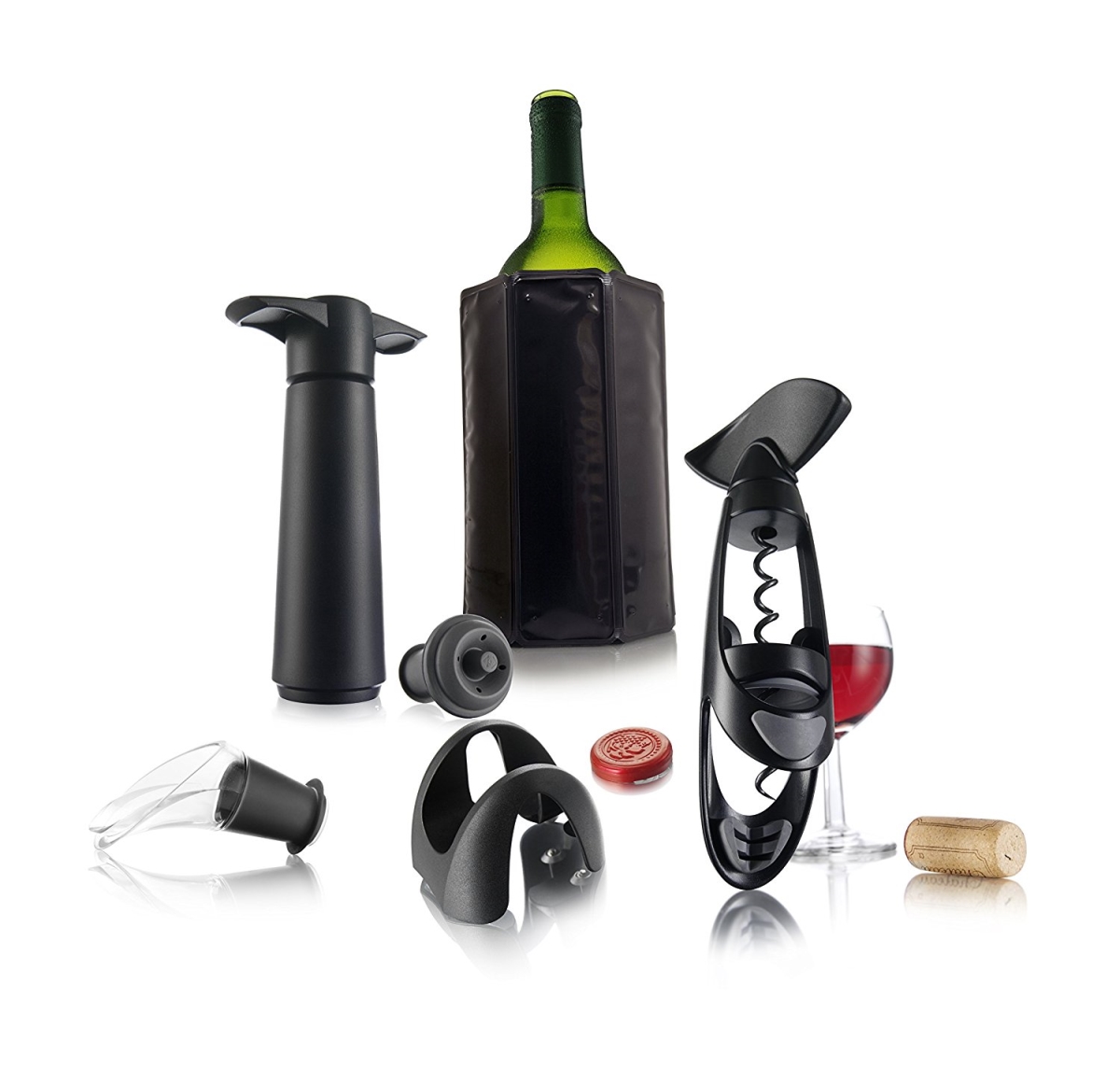 Experienced Set Black - Wine Cooler, Pump, Twister, Server, Stopper & Foil Cutter