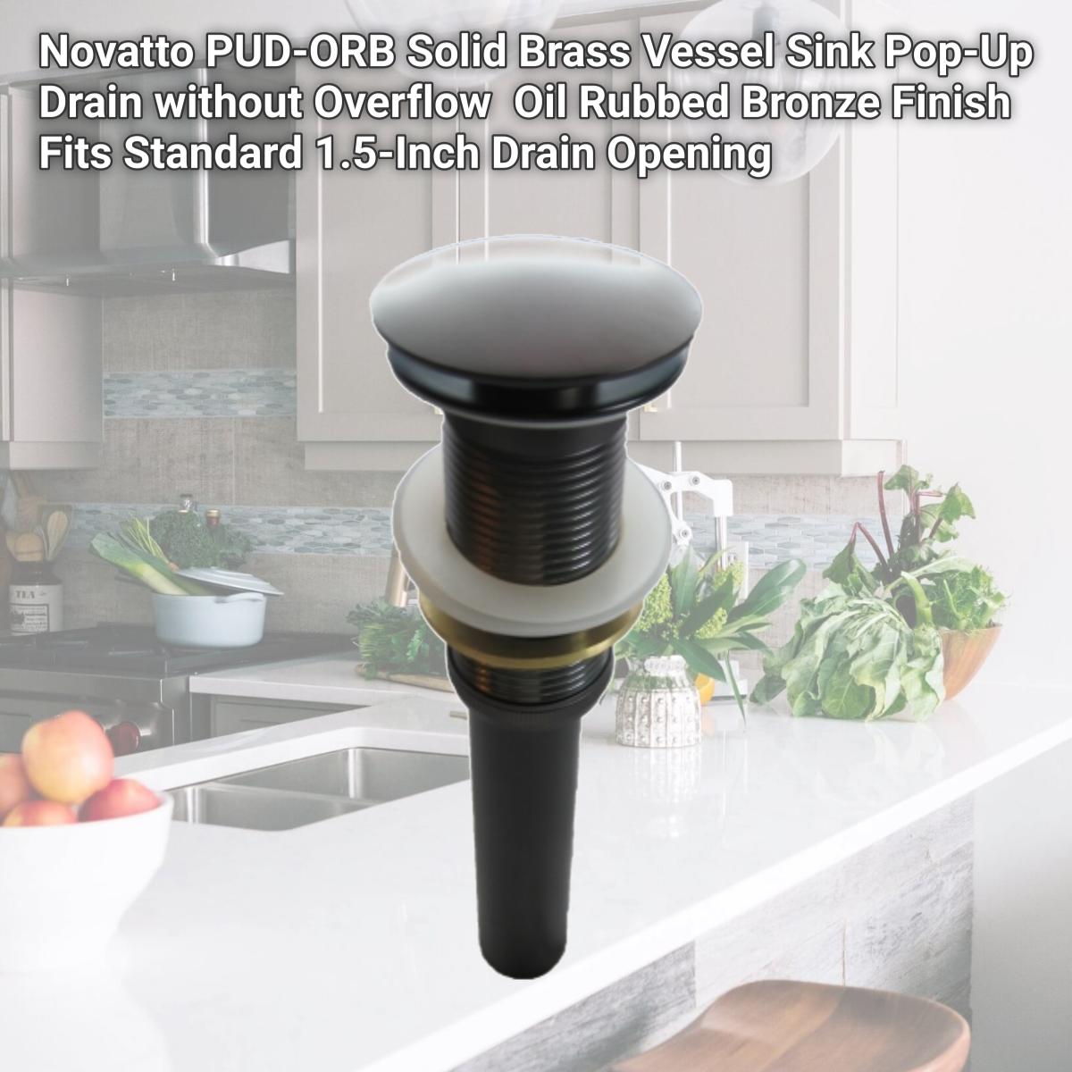 Picture of Novatto PUD-ORB Solid Brass Vessel Sink Pop-Up Drain without Overflow  Oil Rubbed Bronze Finish  Fits Standard 1.5-Inch Drain Opening