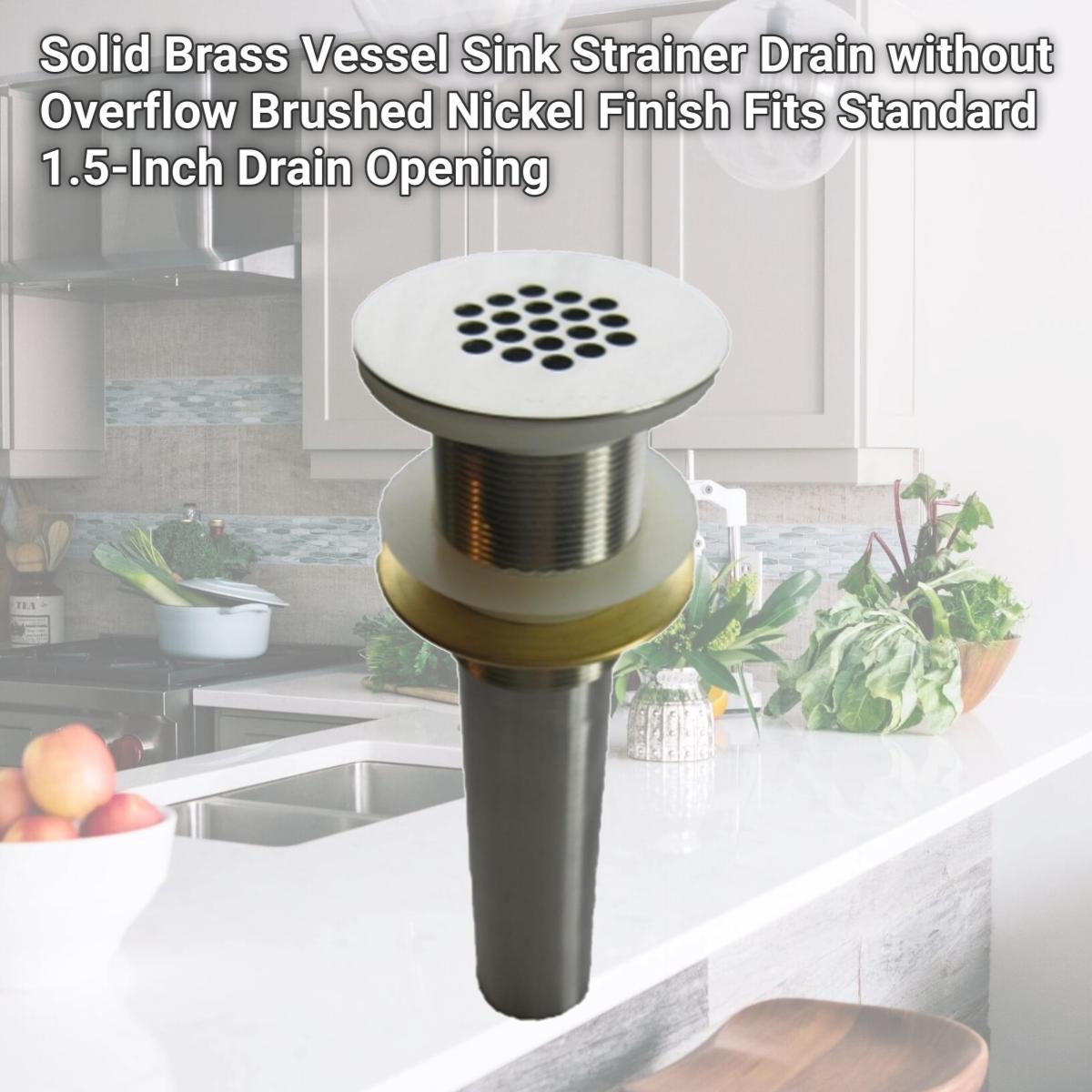 Picture of Novatto STD-BN Solid Brass Vessel Sink Strainer Drain without Overflow  Brushed Nickel Finish  Fits Standard 1.5-Inch Drain Opening