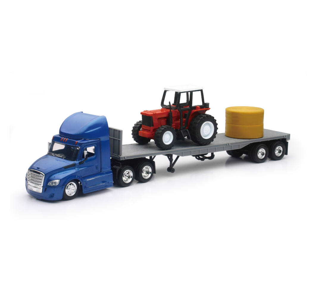 16083 1-43 Scale Freightliner Cascadia Flatbed With Farm Tractor & Hay Blue Pack Of 12