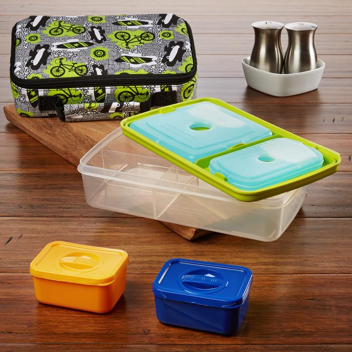 841jl409 Surf Print Bento Lunch Box Set With Insulated Carry Bag, Green