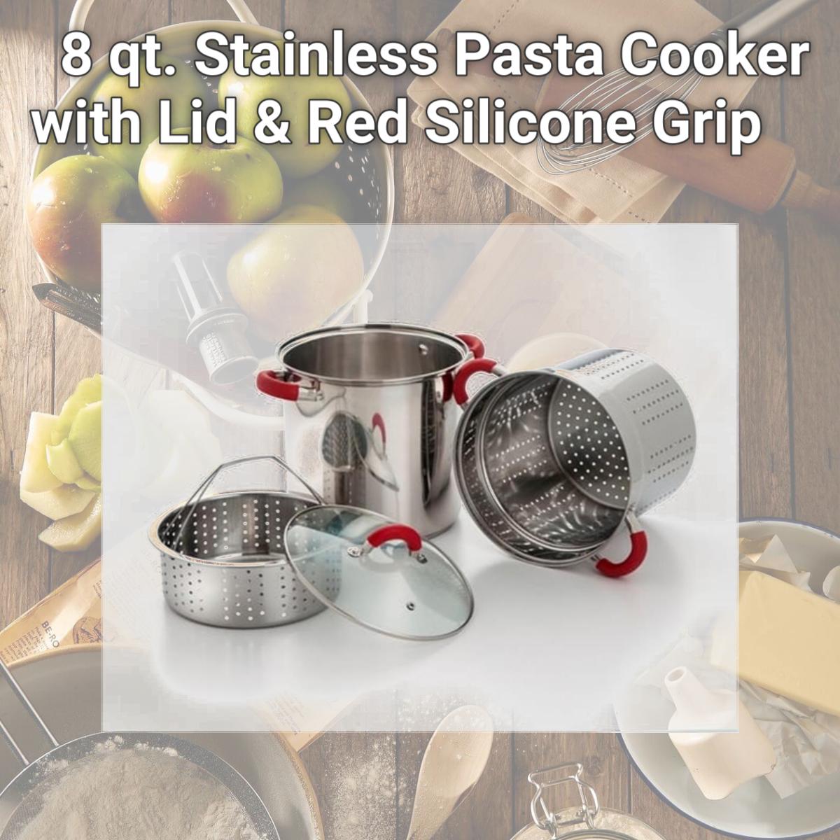 Picture of Cookpro 525 8 qt. Stainless Pasta Cooker with Lid & Red Silicone Grip