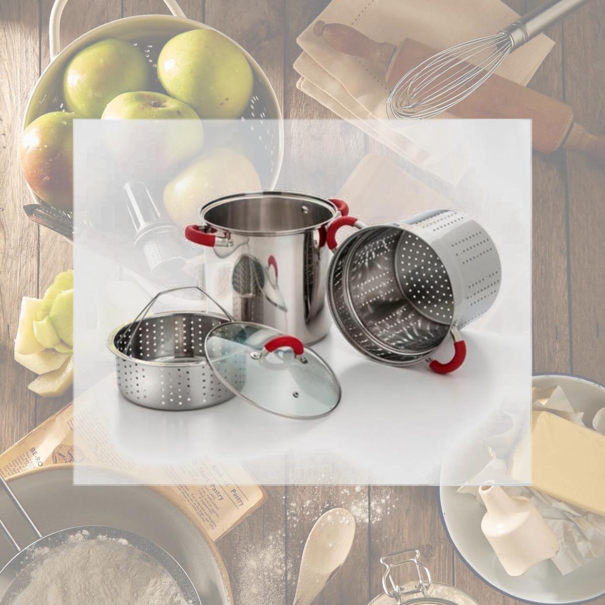 Picture of Cookpro 525 8 qt. Stainless Pasta Cooker with Lid & Red Silicone Grip