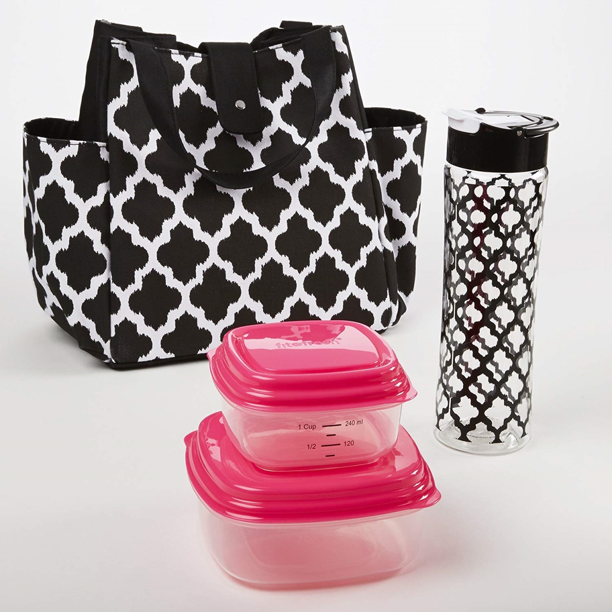 989ff456 Insulated Designer Lunch Bag Kit With Fresh Selects Container Set & Patterned Water Bottle