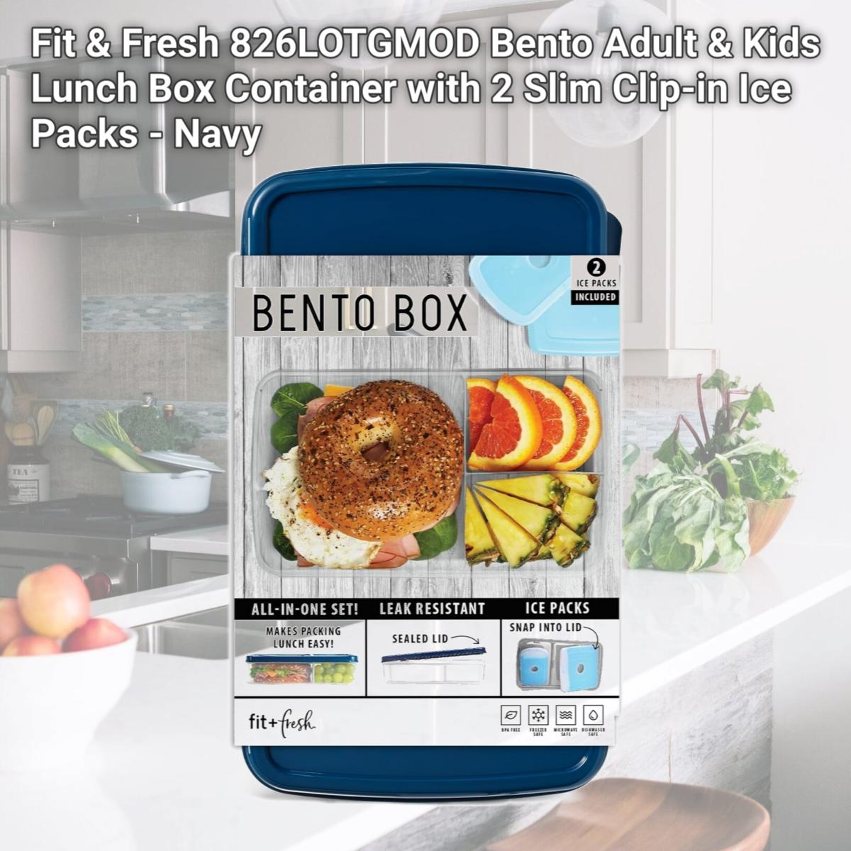 Picture of Fit & Fresh 826LOTGMOD Bento Adult & Kids Lunch Box Container with 2 Slim Clip-in Ice Packs - Navy