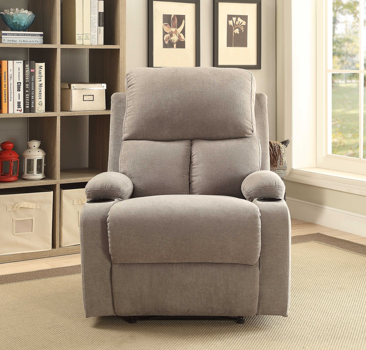 Home Roots Furniture 286184 39 X 32 X 37 In. Linen Fabric & Wood Frame Recliner - Beige