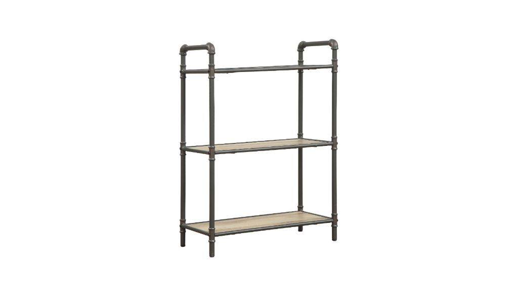 36 in. Antique Oak & Sandy Gray Metal Three Tier Standard Bookcase