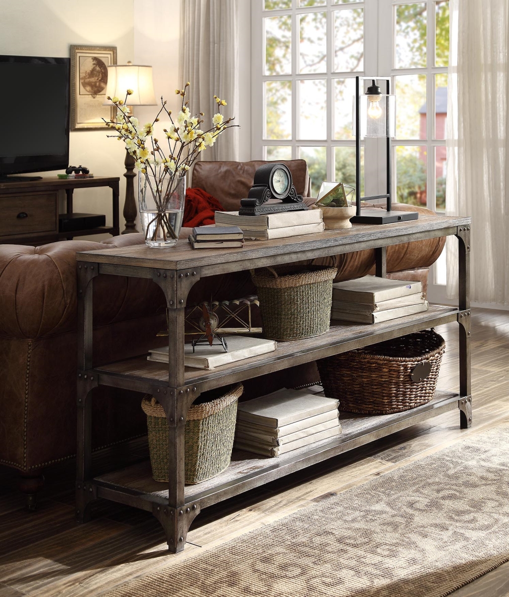 Home Roots Furniture 286025 30 X 60 X 16 In. Pine Veneer & Mdf Console Table - Weathered Oak & Antique Silver