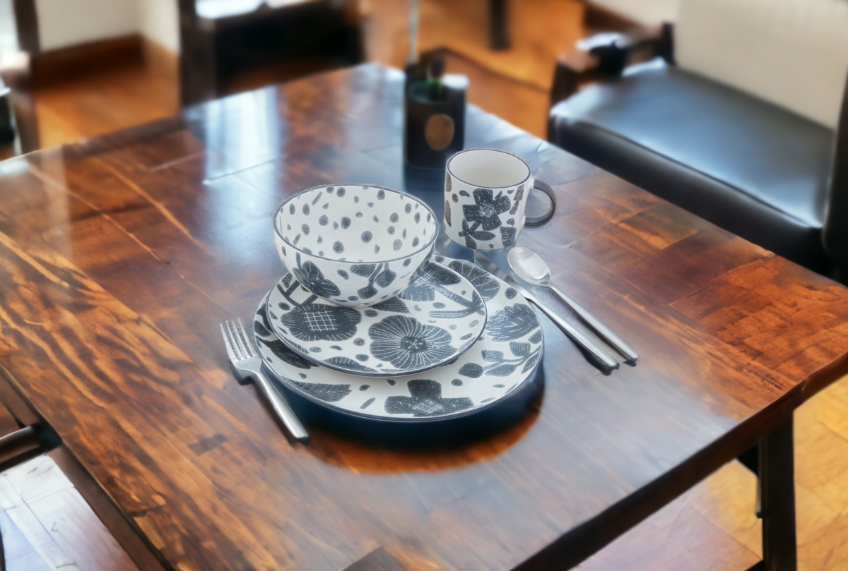 Picture of HomeRoots 534529 Round Floral Ceramic Service for Four Dinnerware Set, Gray & Ivory - 16 Piece