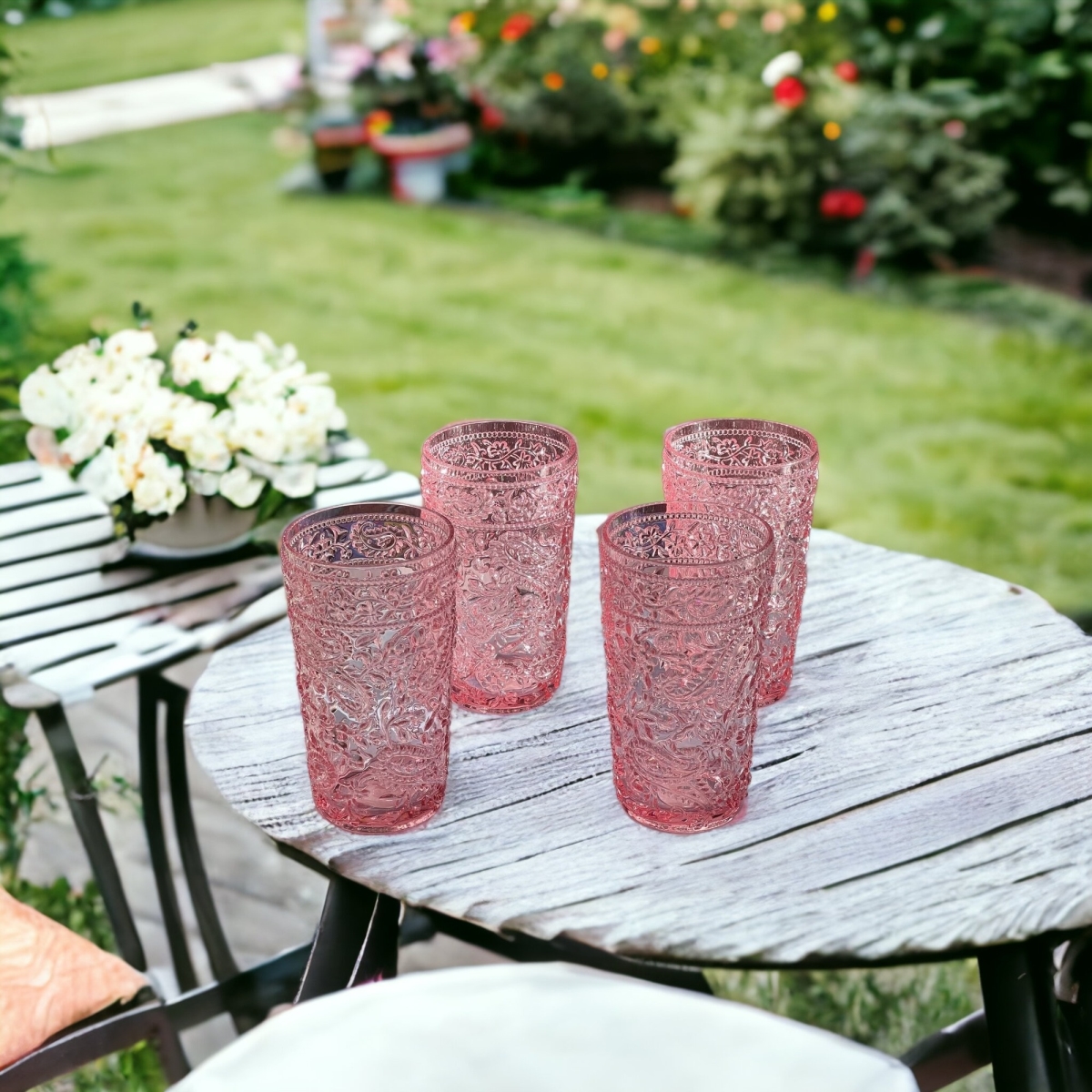 Picture of HomeRoots 521170 Paisley Acrylic Stemless Highball Glass, Pink - Set of 4