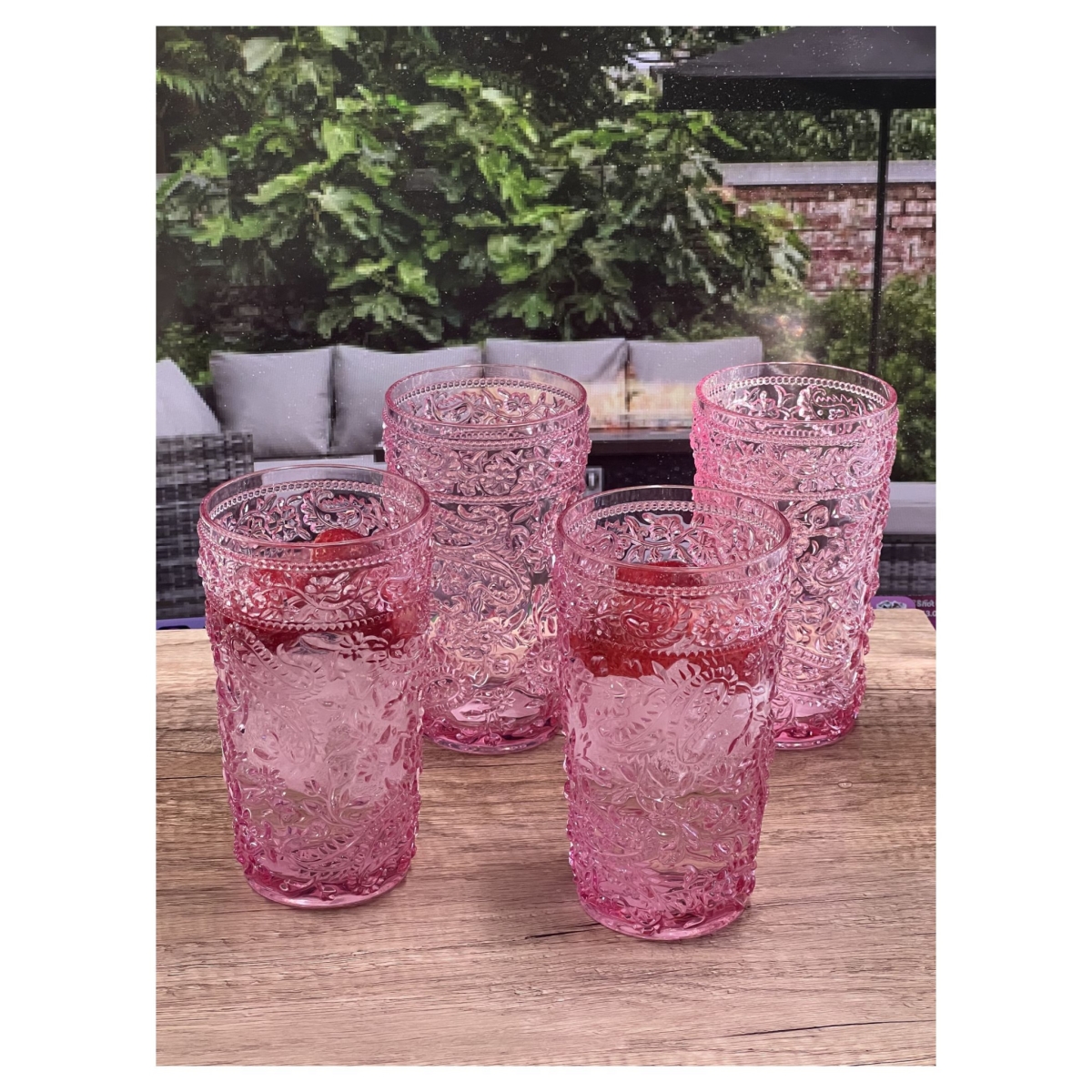 Picture of HomeRoots 521170 Paisley Acrylic Stemless Highball Glass, Pink - Set of 4
