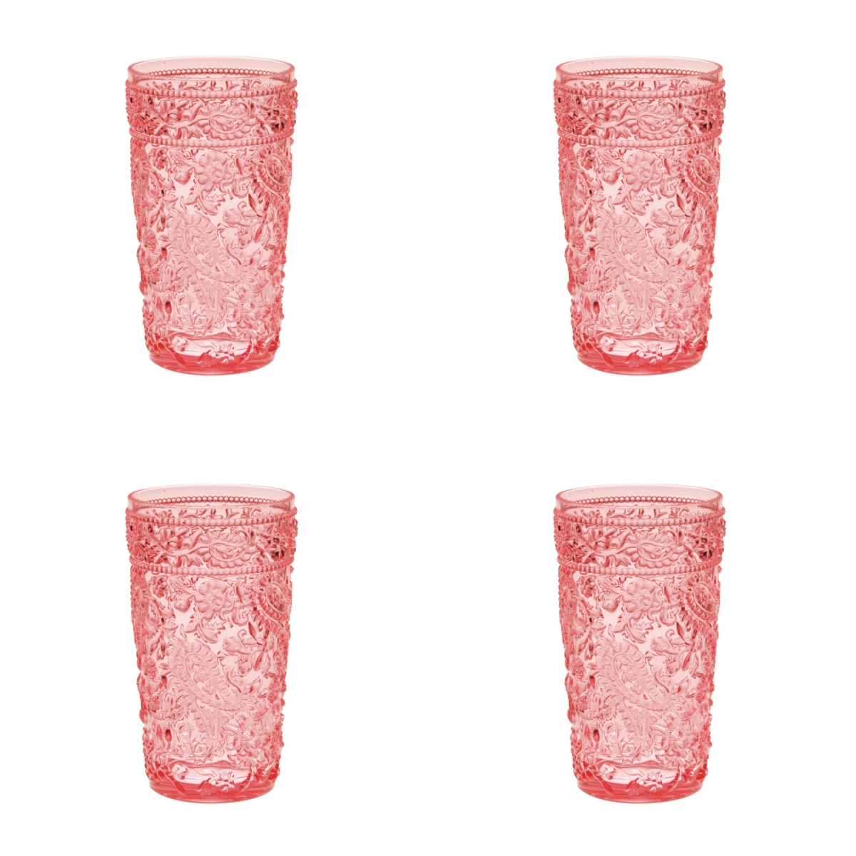 Picture of HomeRoots 521170 Paisley Acrylic Stemless Highball Glass, Pink - Set of 4