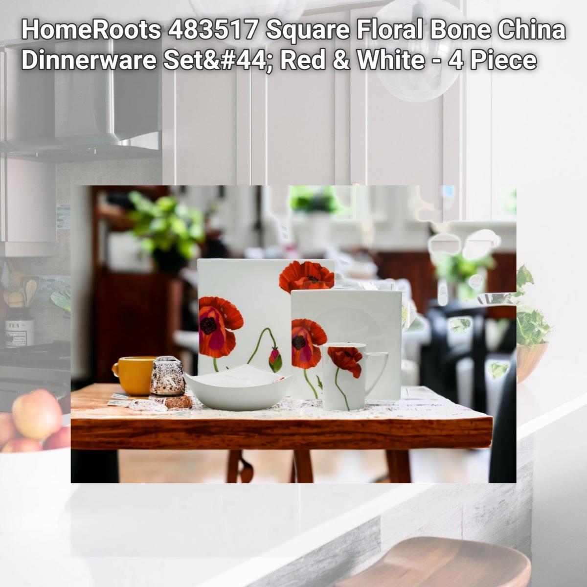 Picture of HomeRoots 483517 Square Floral Bone China Dinnerware Set, Red & White - 4 Piece