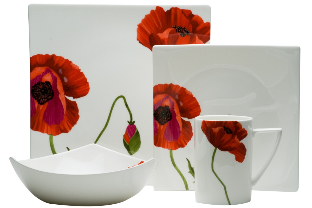 Picture of HomeRoots 483517 Square Floral Bone China Dinnerware Set, Red & White - 4 Piece