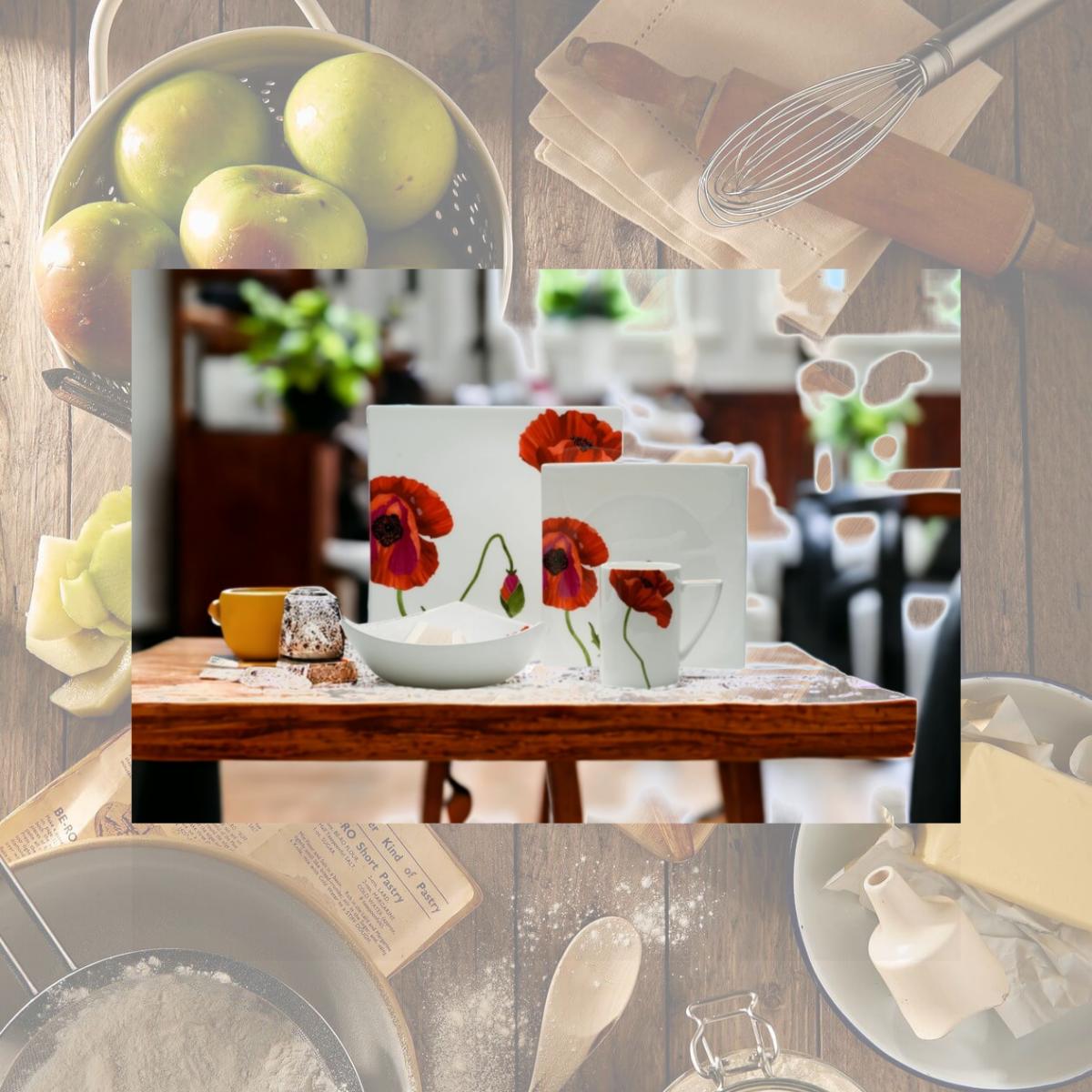 Picture of HomeRoots 483517 Square Floral Bone China Dinnerware Set, Red & White - 4 Piece