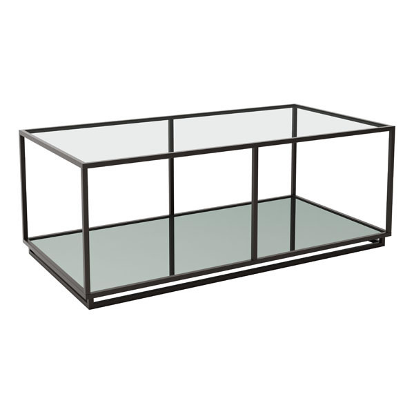 Home Roots Furniture 296209 18.1 X 48 X 24.4 In. Tempered Glass & Mirror With Stainless Steel Coffee Table - Distressed Black
