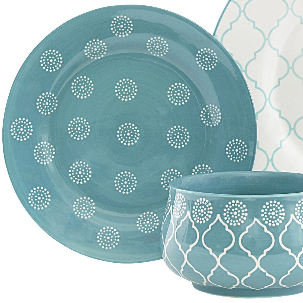 Picture of HomeRoots 534543 Round Trellis Ceramic Service for Four Dinnerware Set, Turquoise - 16 Piece